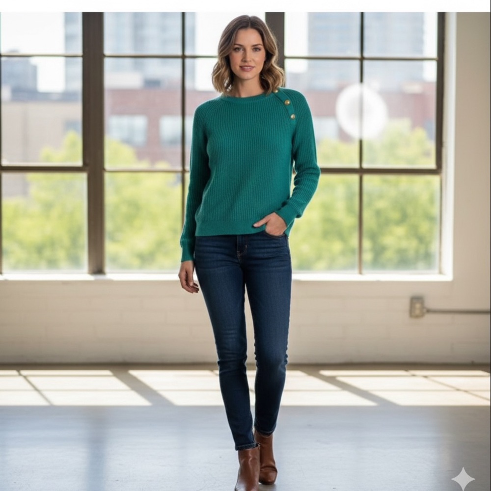 J. Crew Teal Sweater with Gold Button Accents